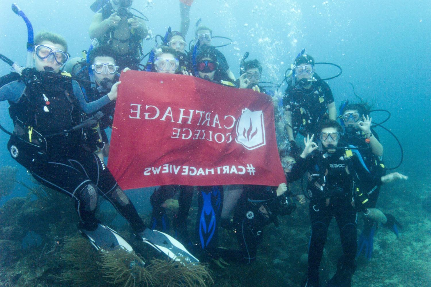 学生们手持<a href='http://4.veosonica.com/'>博彩网址大全</a>旗帜，在j学期洪都拉斯游学之旅中潜水.
